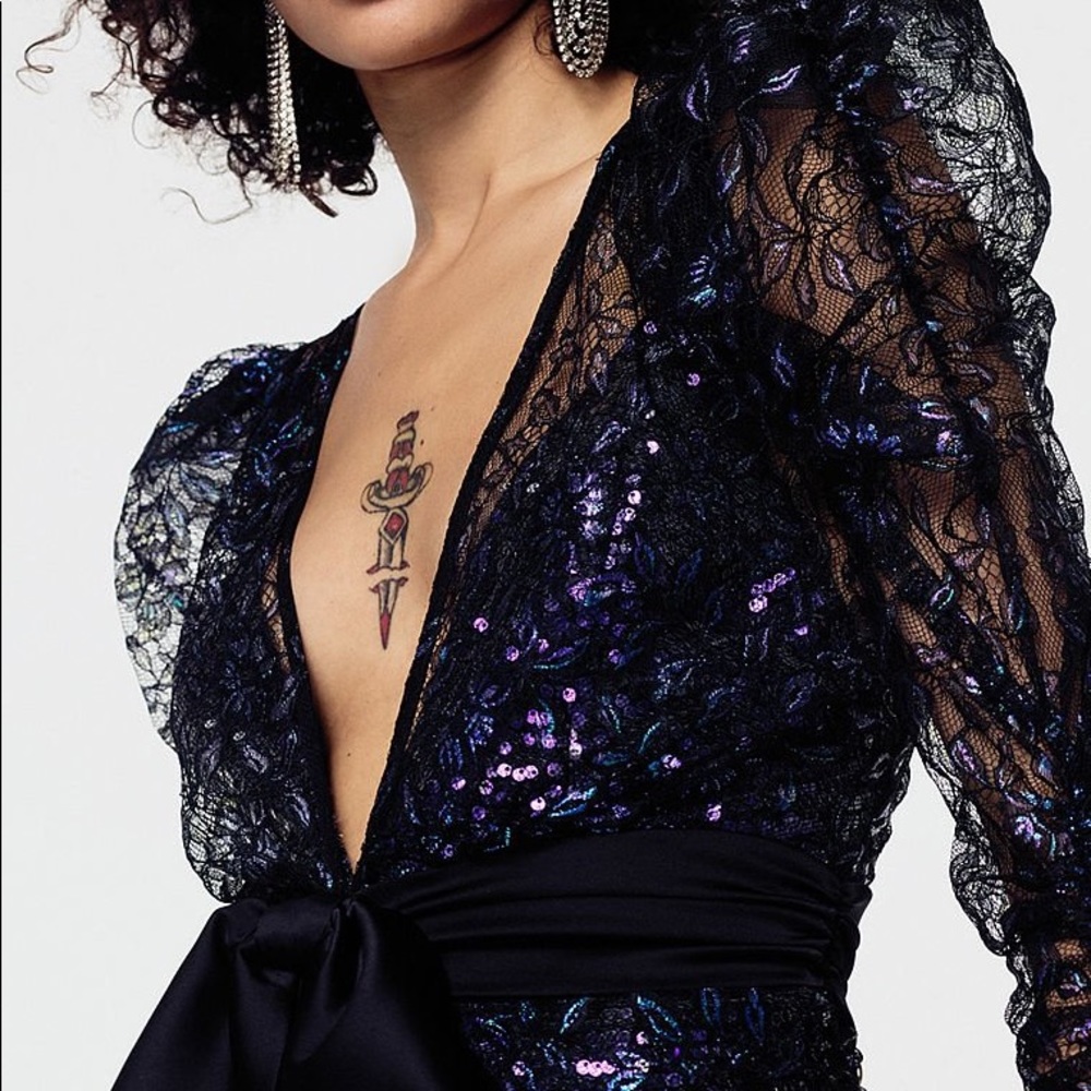 FOR LOVE & LEMONS Sequin & Metallic Navy Blue Rodin Sparkly Sheer Maxi Dress
